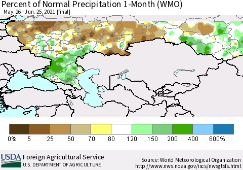 Russian Federation Percent of Normal Precipitation 1-Month (WMO) Thematic Map For 5/26/2021 - 6/25/2021