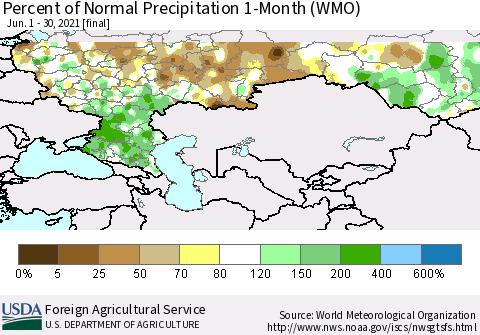 Russian Federation Percent of Normal Precipitation 1-Month (WMO) Thematic Map For 6/1/2021 - 6/30/2021