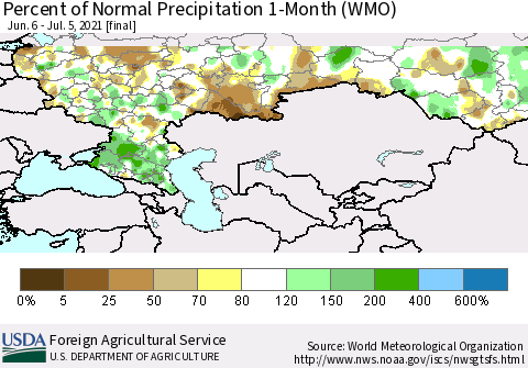 Russian Federation Percent of Normal Precipitation 1-Month (WMO) Thematic Map For 6/6/2021 - 7/5/2021