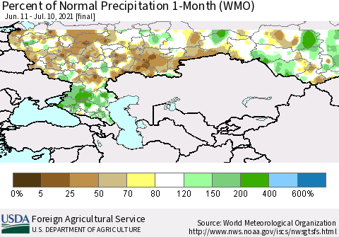 Russian Federation Percent of Normal Precipitation 1-Month (WMO) Thematic Map For 6/11/2021 - 7/10/2021