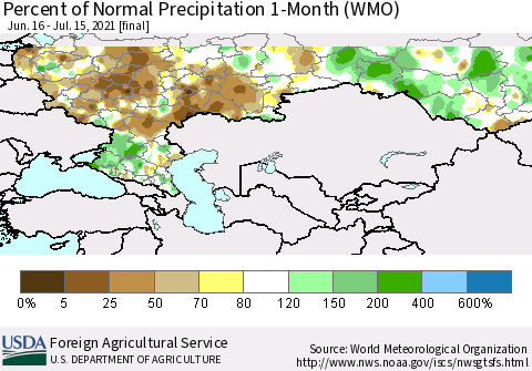 Russian Federation Percent of Normal Precipitation 1-Month (WMO) Thematic Map For 6/16/2021 - 7/15/2021
