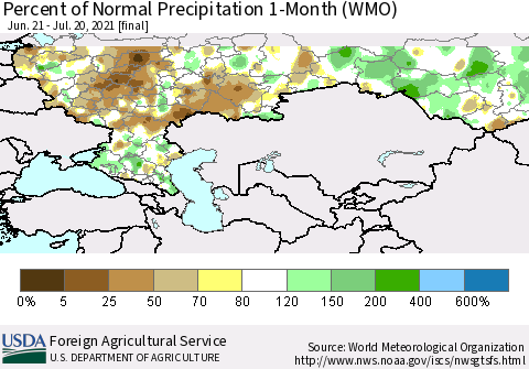 Russian Federation Percent of Normal Precipitation 1-Month (WMO) Thematic Map For 6/21/2021 - 7/20/2021