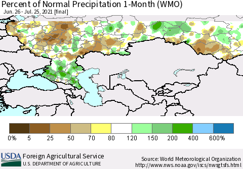 Russian Federation Percent of Normal Precipitation 1-Month (WMO) Thematic Map For 6/26/2021 - 7/25/2021