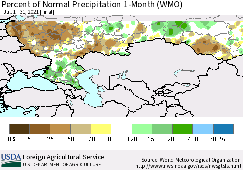 Russian Federation Percent of Normal Precipitation 1-Month (WMO) Thematic Map For 7/1/2021 - 7/31/2021