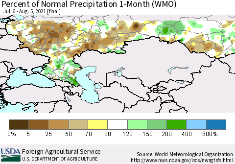 Russian Federation Percent of Normal Precipitation 1-Month (WMO) Thematic Map For 7/6/2021 - 8/5/2021