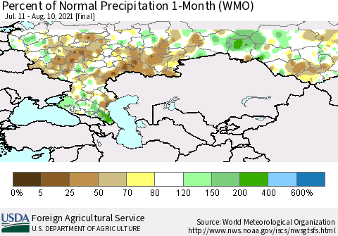 Russian Federation Percent of Normal Precipitation 1-Month (WMO) Thematic Map For 7/11/2021 - 8/10/2021