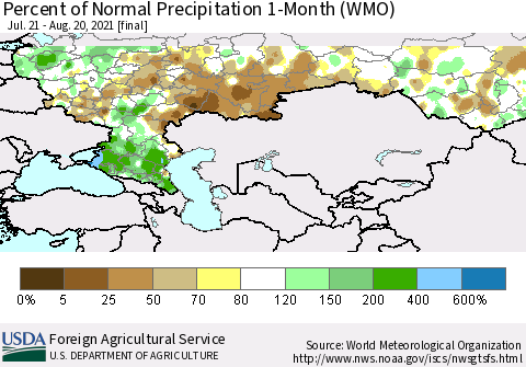 Russian Federation Percent of Normal Precipitation 1-Month (WMO) Thematic Map For 7/21/2021 - 8/20/2021