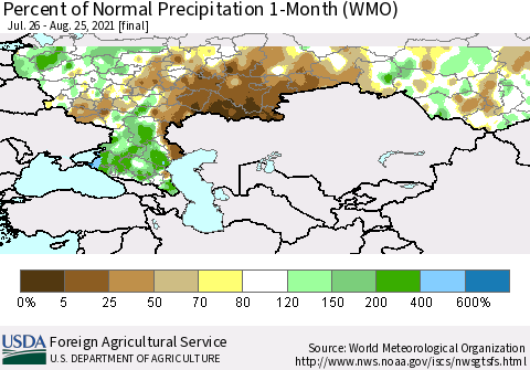 Russian Federation Percent of Normal Precipitation 1-Month (WMO) Thematic Map For 7/26/2021 - 8/25/2021