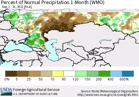 Russian Federation Percent of Normal Precipitation 1-Month (WMO) Thematic Map For 8/1/2021 - 8/31/2021