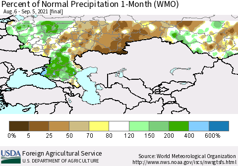Russian Federation Percent of Normal Precipitation 1-Month (WMO) Thematic Map For 8/6/2021 - 9/5/2021