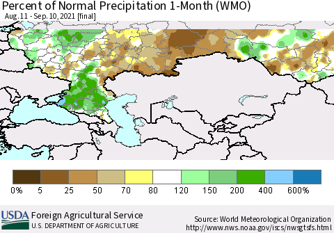 Russian Federation Percent of Normal Precipitation 1-Month (WMO) Thematic Map For 8/11/2021 - 9/10/2021