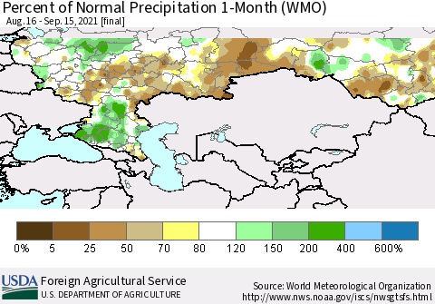 Russian Federation Percent of Normal Precipitation 1-Month (WMO) Thematic Map For 8/16/2021 - 9/15/2021