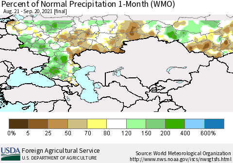 Russian Federation Percent of Normal Precipitation 1-Month (WMO) Thematic Map For 8/21/2021 - 9/20/2021