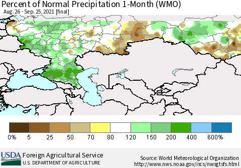 Russian Federation Percent of Normal Precipitation 1-Month (WMO) Thematic Map For 8/26/2021 - 9/25/2021