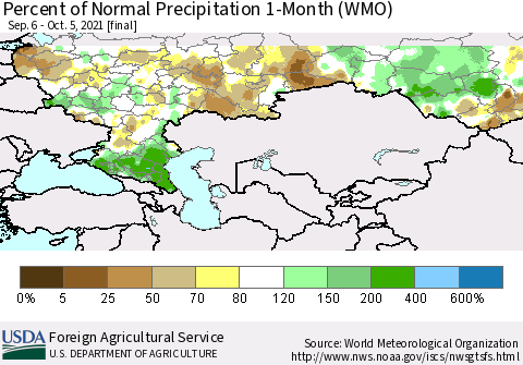 Russian Federation Percent of Normal Precipitation 1-Month (WMO) Thematic Map For 9/6/2021 - 10/5/2021