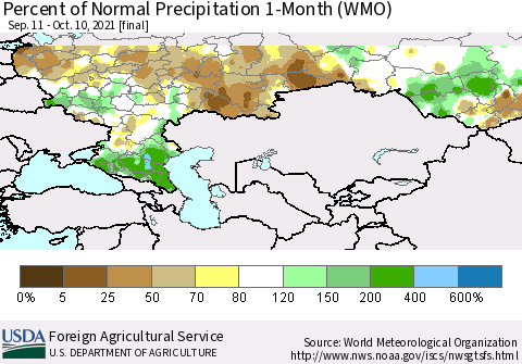 Russian Federation Percent of Normal Precipitation 1-Month (WMO) Thematic Map For 9/11/2021 - 10/10/2021