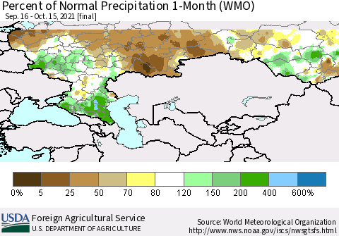 Russian Federation Percent of Normal Precipitation 1-Month (WMO) Thematic Map For 9/16/2021 - 10/15/2021