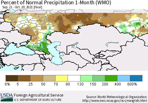 Russian Federation Percent of Normal Precipitation 1-Month (WMO) Thematic Map For 9/21/2021 - 10/20/2021