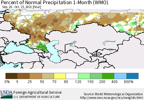 Russian Federation Percent of Normal Precipitation 1-Month (WMO) Thematic Map For 9/26/2021 - 10/25/2021