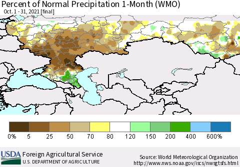 Russian Federation Percent of Normal Precipitation 1-Month (WMO) Thematic Map For 10/1/2021 - 10/31/2021