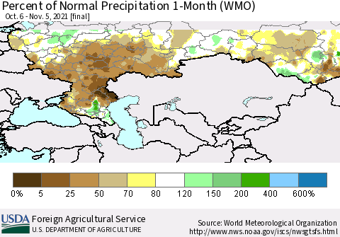 Russian Federation Percent of Normal Precipitation 1-Month (WMO) Thematic Map For 10/6/2021 - 11/5/2021