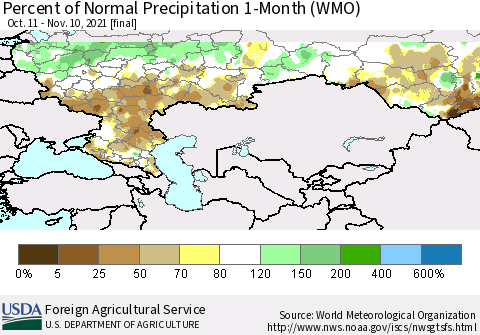 Russian Federation Percent of Normal Precipitation 1-Month (WMO) Thematic Map For 10/11/2021 - 11/10/2021