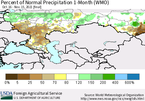 Russian Federation Percent of Normal Precipitation 1-Month (WMO) Thematic Map For 10/16/2021 - 11/15/2021