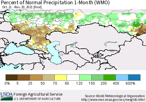 Russian Federation Percent of Normal Precipitation 1-Month (WMO) Thematic Map For 10/21/2021 - 11/20/2021