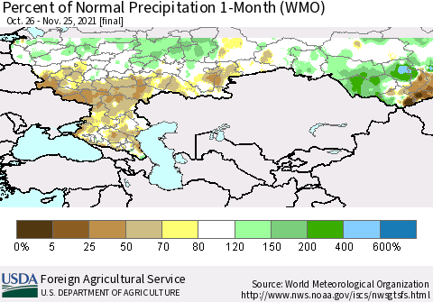 Russian Federation Percent of Normal Precipitation 1-Month (WMO) Thematic Map For 10/26/2021 - 11/25/2021