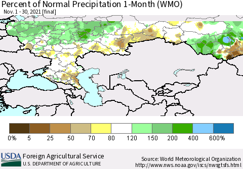 Russian Federation Percent of Normal Precipitation 1-Month (WMO) Thematic Map For 11/1/2021 - 11/30/2021