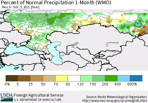 Russian Federation Percent of Normal Precipitation 1-Month (WMO) Thematic Map For 11/6/2021 - 12/5/2021