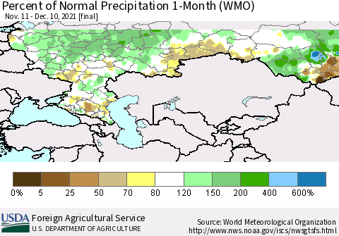 Russian Federation Percent of Normal Precipitation 1-Month (WMO) Thematic Map For 11/11/2021 - 12/10/2021