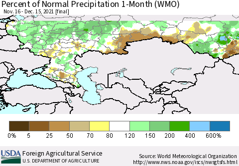 Russian Federation Percent of Normal Precipitation 1-Month (WMO) Thematic Map For 11/16/2021 - 12/15/2021