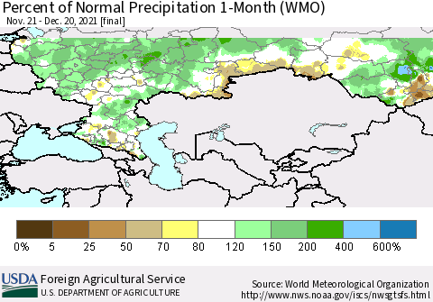 Russian Federation Percent of Normal Precipitation 1-Month (WMO) Thematic Map For 11/21/2021 - 12/20/2021