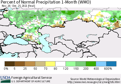 Russian Federation Percent of Normal Precipitation 1-Month (WMO) Thematic Map For 11/26/2021 - 12/25/2021