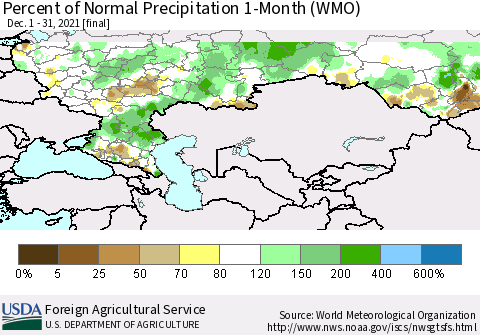 Russian Federation Percent of Normal Precipitation 1-Month (WMO) Thematic Map For 12/1/2021 - 12/31/2021