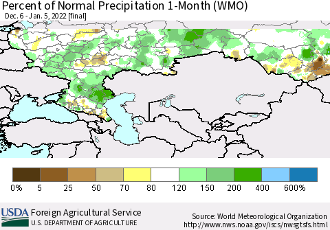 Russian Federation Percent of Normal Precipitation 1-Month (WMO) Thematic Map For 12/6/2021 - 1/5/2022