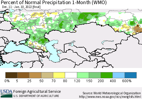 Russian Federation Percent of Normal Precipitation 1-Month (WMO) Thematic Map For 12/11/2021 - 1/10/2022