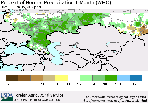 Russian Federation Percent of Normal Precipitation 1-Month (WMO) Thematic Map For 12/16/2021 - 1/15/2022