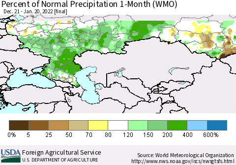 Russian Federation Percent of Normal Precipitation 1-Month (WMO) Thematic Map For 12/21/2021 - 1/20/2022