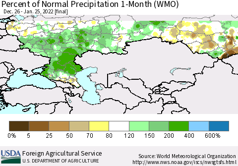 Russian Federation Percent of Normal Precipitation 1-Month (WMO) Thematic Map For 12/26/2021 - 1/25/2022