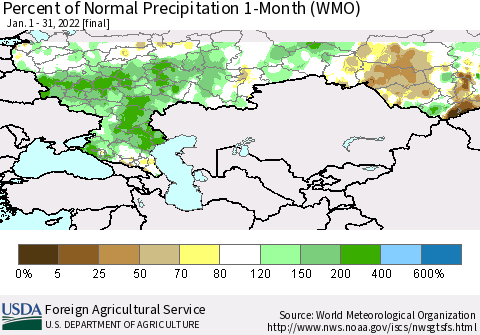 Russian Federation Percent of Normal Precipitation 1-Month (WMO) Thematic Map For 1/1/2022 - 1/31/2022