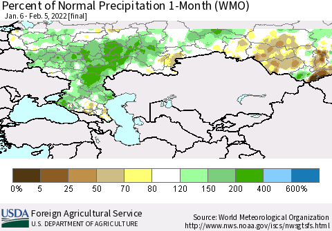 Russian Federation Percent of Normal Precipitation 1-Month (WMO) Thematic Map For 1/6/2022 - 2/5/2022