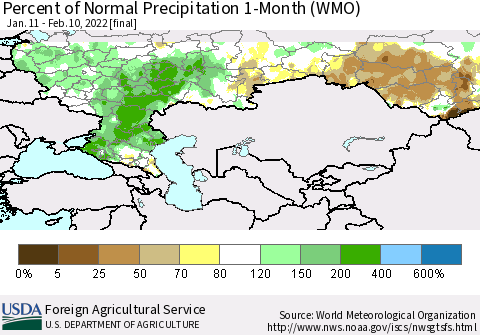 Russian Federation Percent of Normal Precipitation 1-Month (WMO) Thematic Map For 1/11/2022 - 2/10/2022