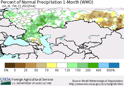 Russian Federation Percent of Normal Precipitation 1-Month (WMO) Thematic Map For 1/16/2022 - 2/15/2022
