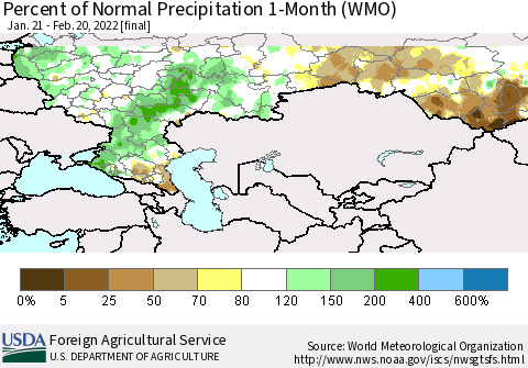 Russian Federation Percent of Normal Precipitation 1-Month (WMO) Thematic Map For 1/21/2022 - 2/20/2022