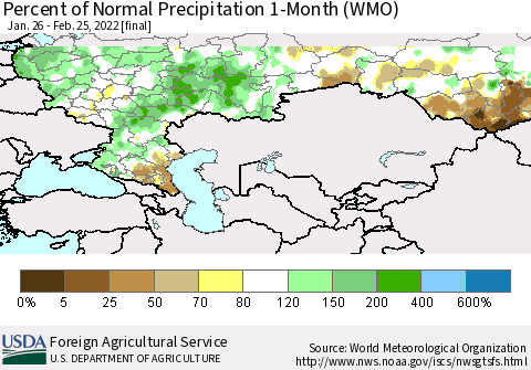 Russian Federation Percent of Normal Precipitation 1-Month (WMO) Thematic Map For 1/26/2022 - 2/25/2022