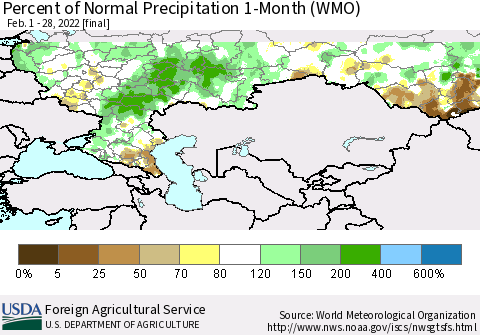 Russian Federation Percent of Normal Precipitation 1-Month (WMO) Thematic Map For 2/1/2022 - 2/28/2022