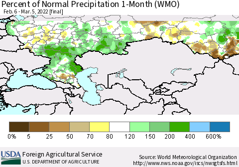Russian Federation Percent of Normal Precipitation 1-Month (WMO) Thematic Map For 2/6/2022 - 3/5/2022