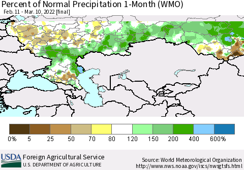 Russian Federation Percent of Normal Precipitation 1-Month (WMO) Thematic Map For 2/11/2022 - 3/10/2022
